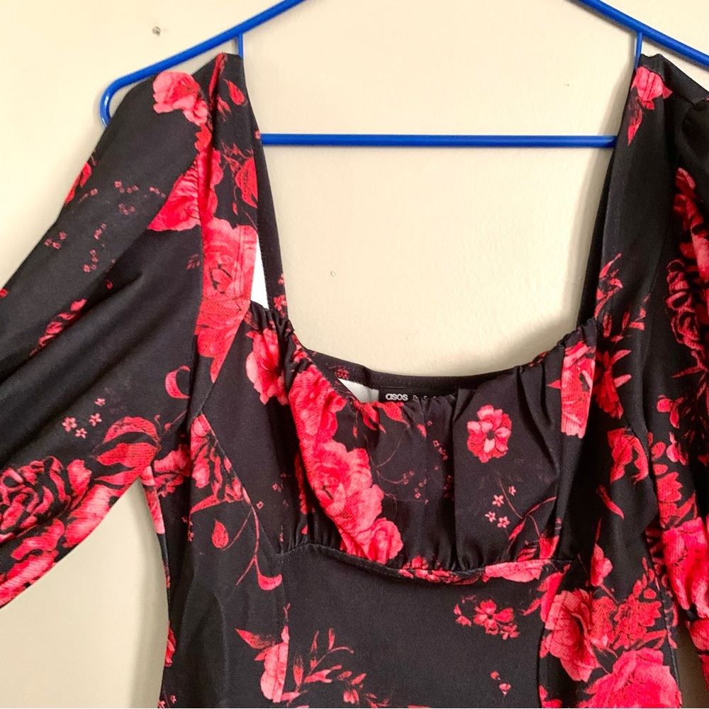 ASOS DESIGN long sleeve flippy mini dress with ruched bust in red floral print - Picture 8 of 8